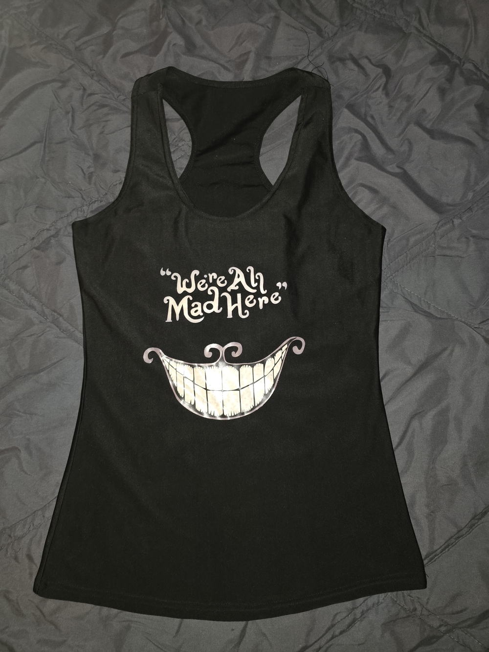 Alice in Wonderland Cheshire Cat We're All Mad Here Graphic Racerback Tank Top